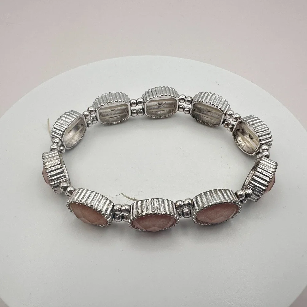 Vintage 90s Y2K Pink Faux Sunstone Stretch Bracelet Silver Tone Jewelry